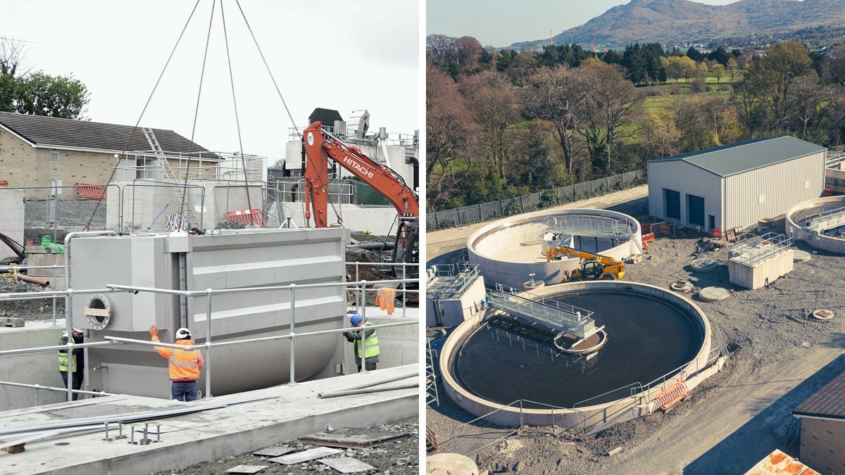 (left) Tertiary treatment unit being installed and (right) UV building and final settlement tanks - Courtesy of NI Water