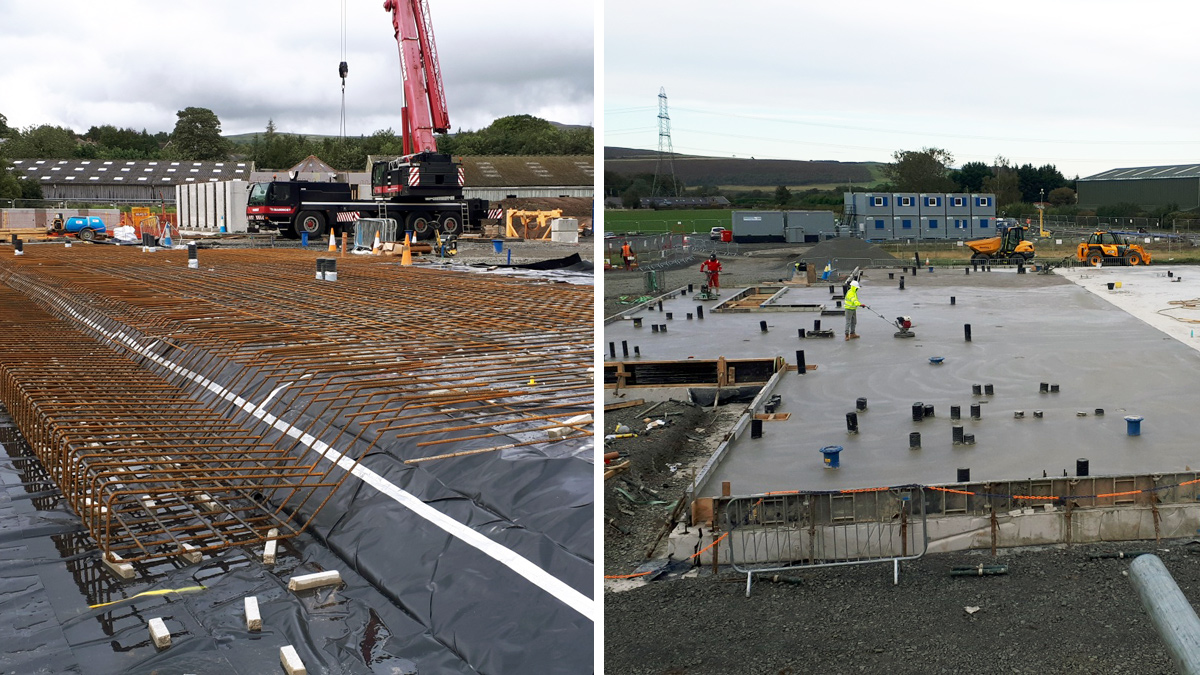 (left) Precise installation of below ground infrastructure and slab penetrations prior to main slab pour and (right) treatment building slab cast prior to superstructure installation - Courtesy of MMB