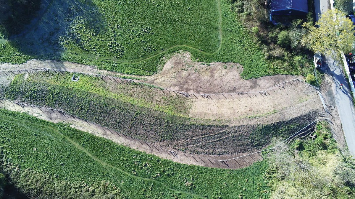 Tir-y-Dail flood bund following construction - Courtesy of Walters