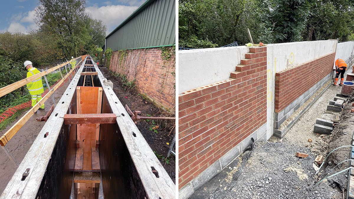 (left) Lightweight shuttering utilised in constrained working corridors and (right) brick cladding works to flood walls - Courtesy of Arup