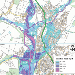 Flood depth in Ammanford during 1% AEP event with climate change (2119) - Courtesy of Arup