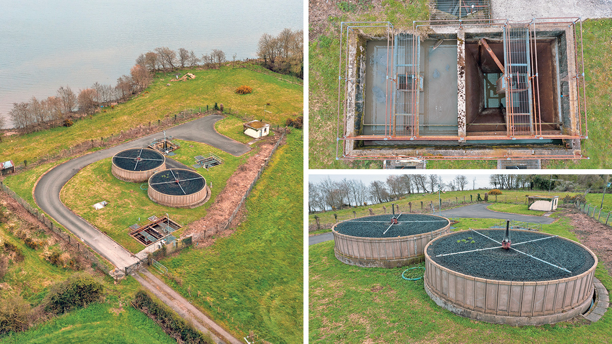 (left) Existing site on western shores of Lough Neagh, (top right) existing PSTs, and (bottom right) existing percolating filters - Courtesy of NI Water