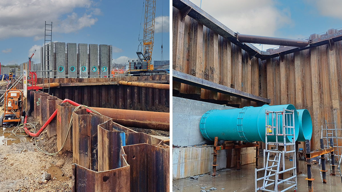 (left) TSR pumping station temporary works and distribution chamber precast installation and (right) TSR pumping station/Victorian culvert tie-in - Courtesy of Glanua Group