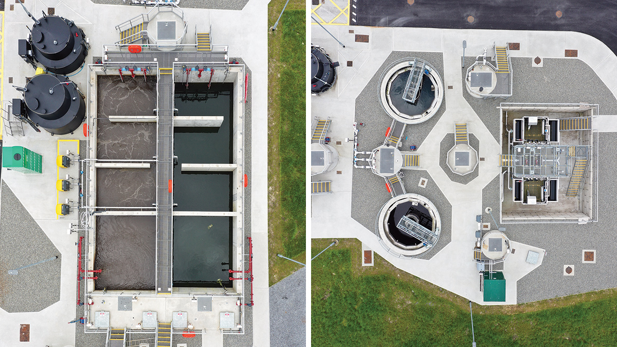 (left) Precast concrete aeration tanks reduced construction time and safety risks and (right) view of final clarifiers and cloth filters - Courtesy of Glanua