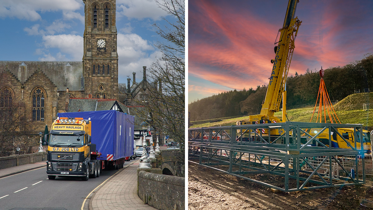 (left) TTU being delivered through Peebles - Courtesy of RSE, and (right) delivery of the TTUs to site - Courtesy of Scottish Water