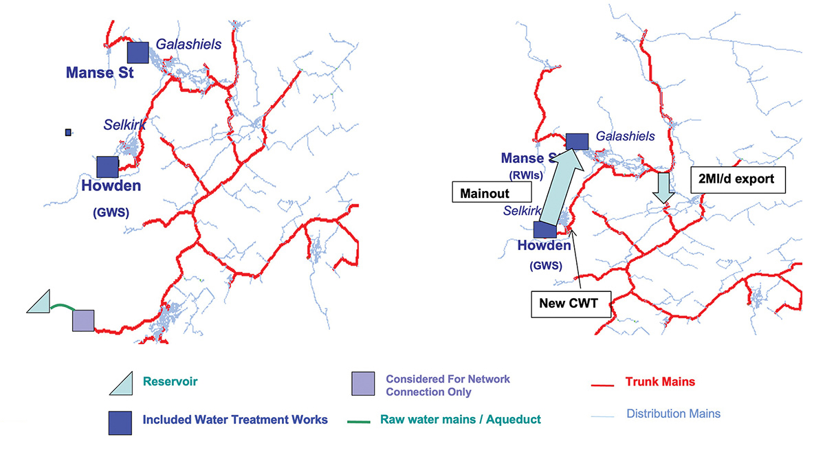 (left) Geographic extent overview and (right) Option 2: the chosen solution - Courtesy of Scottish Water 