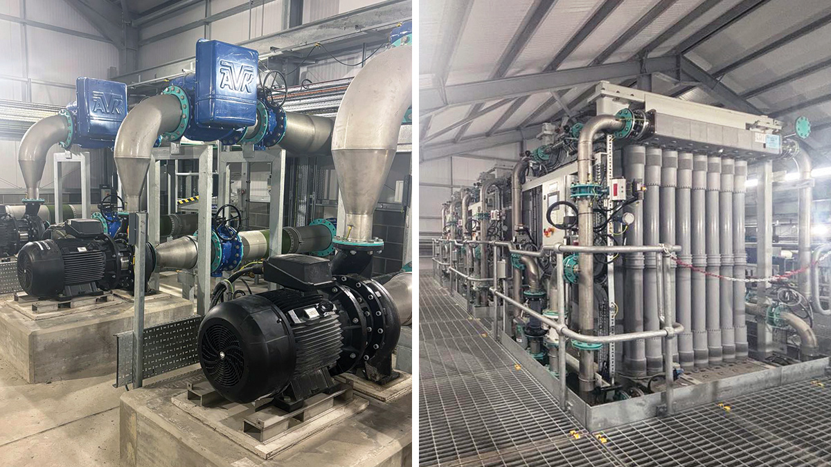 (left) Membrane feed pumps and (right) expansion to membrane plant - Courtesy of ESD