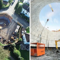 Stormwater storage shaft under construction - Courtesy of Whitehouse Studios and (right) Inside the tank - Courtesy of George Leslie Ltd