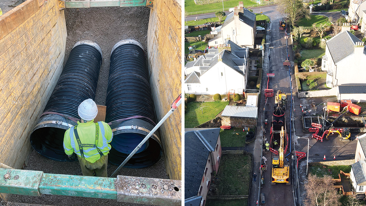 (left) Installation of twin 675mm diameter AquaSpira pipes and (right) installation of prefabricated manholes - Courtesy of DAWSON-WAM Ltd