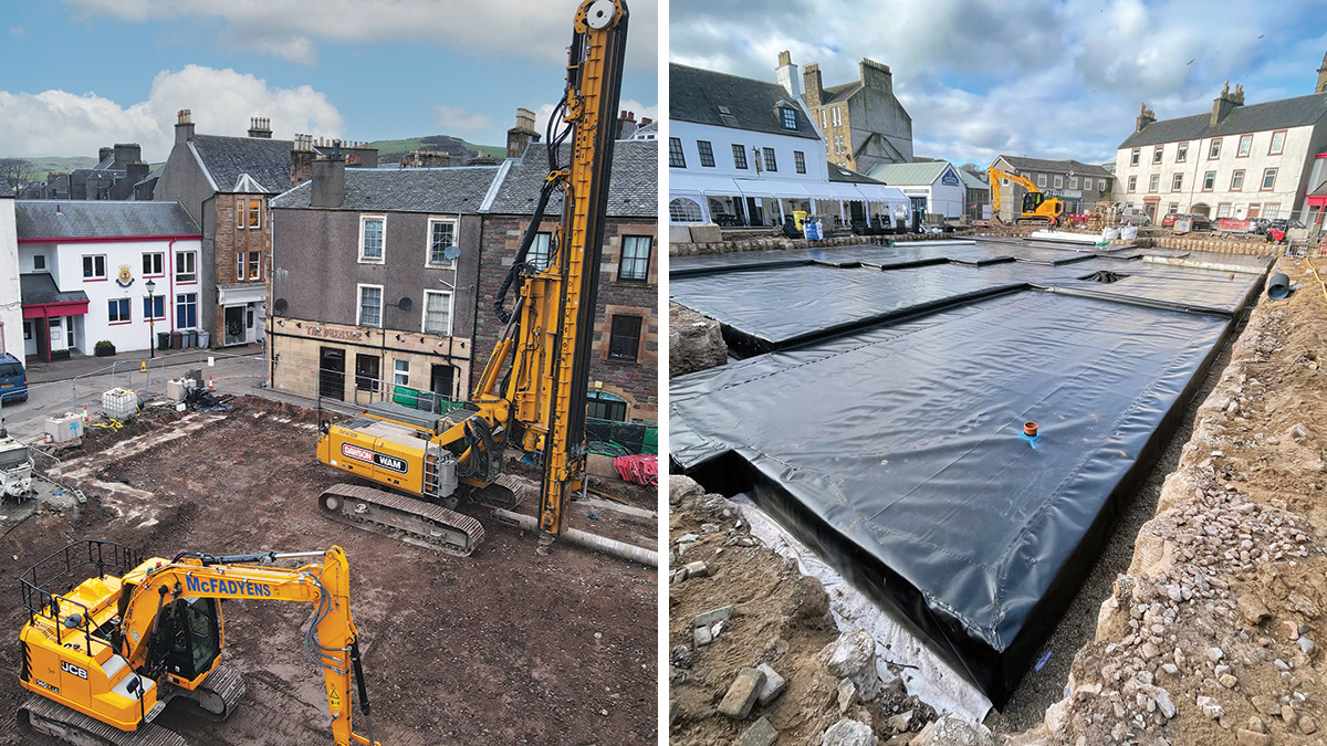 (left) Secant pile installation using cased CFA at Burnside Square, and (right) Geocell attenuation tank at Burnside Square prior to backfilling - Courtesy of DAWSON-WAM Ltd