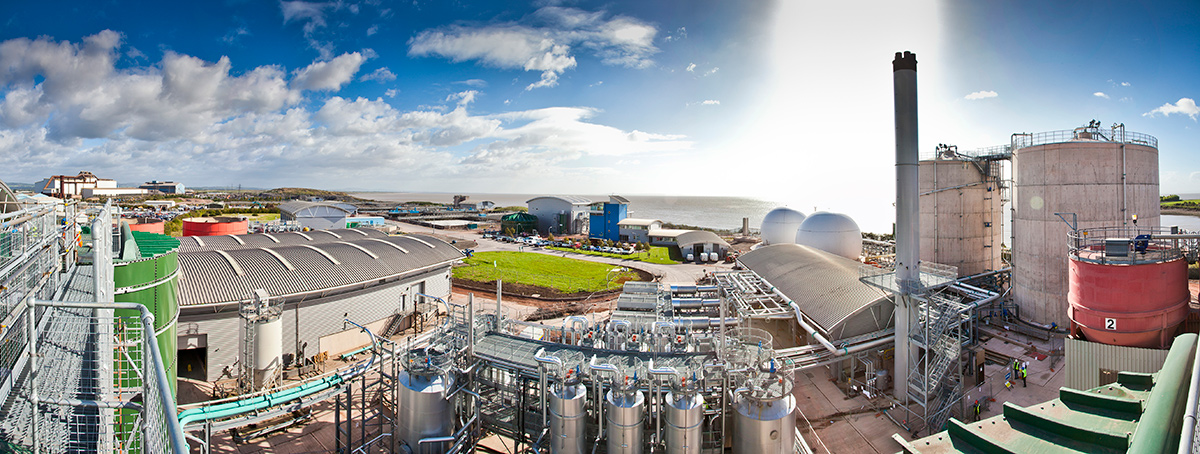 Cardiff WwTW - (left) hot exhaust gas pipeline and (right) view of digesters - Courtesy of Welsh Water