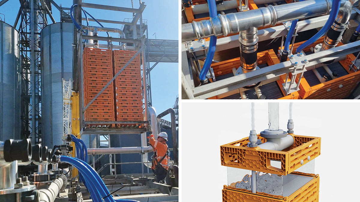 (left) Installation of Cembrane SiC stack, (top right) Cembrane SiC stack from above, and (bottom right) SiC membranes have sprinkler cleaning option - Courtesy of Enpure Ltd