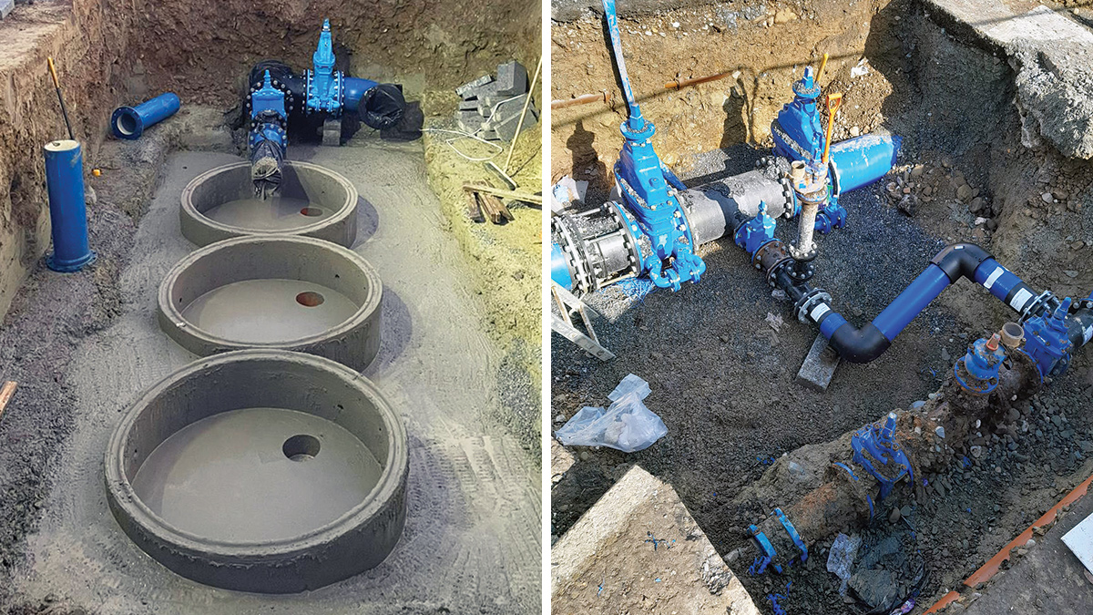 (left) Meter strainer and PRV construction and (right) connection to existing network from new trunk main - Courtesy of Farrans