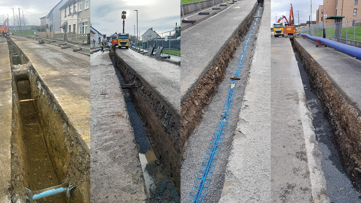 (left to right) (i) Pipe trench excavated around services (ii) placement of pipe bedding (iii) pIpe bedding and marker tape and (iv) 450mm PE pipe installation - Courtesy of Farrans