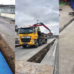 (left) Installation of 450mm pipe in Dennet Gardens, (middle) backfilling on Strabane Old Road, and (right) sliplining 450mm pipe on Dungiven Road - Courtesy of Farrans