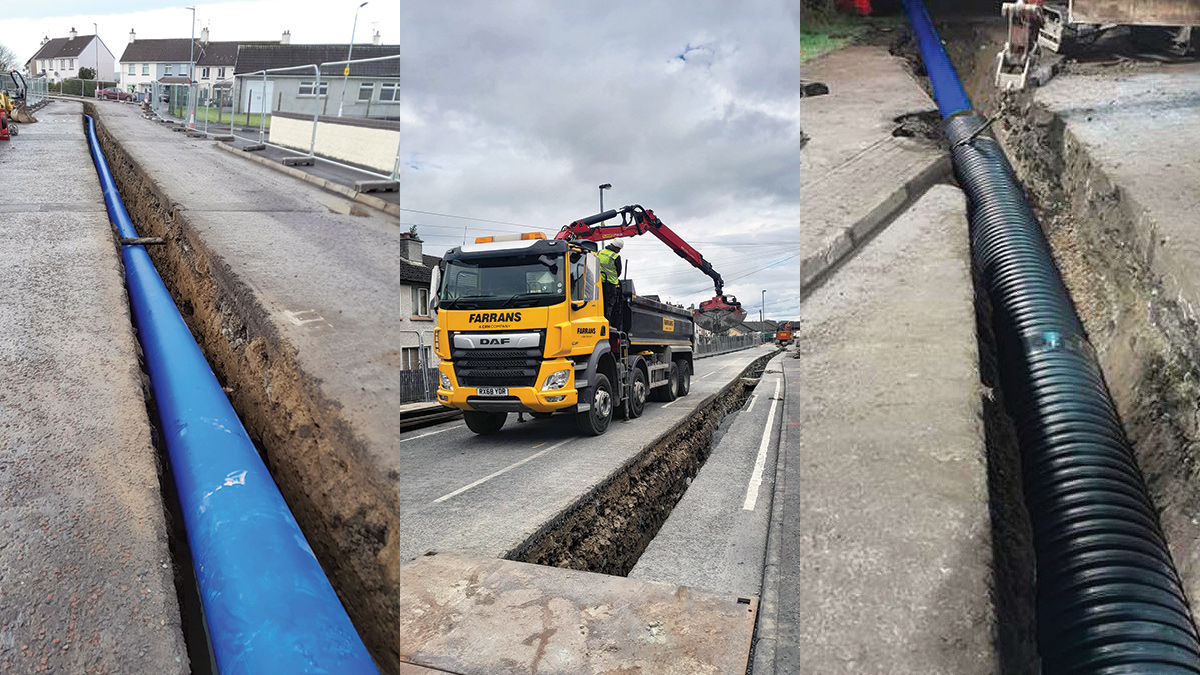 (left) Installation of 450mm pipe in Dennet Gardens, (middle) backfilling on Strabane Old Road, and (right) sliplining 450mm pipe on Dungiven Road - Courtesy of Farrans