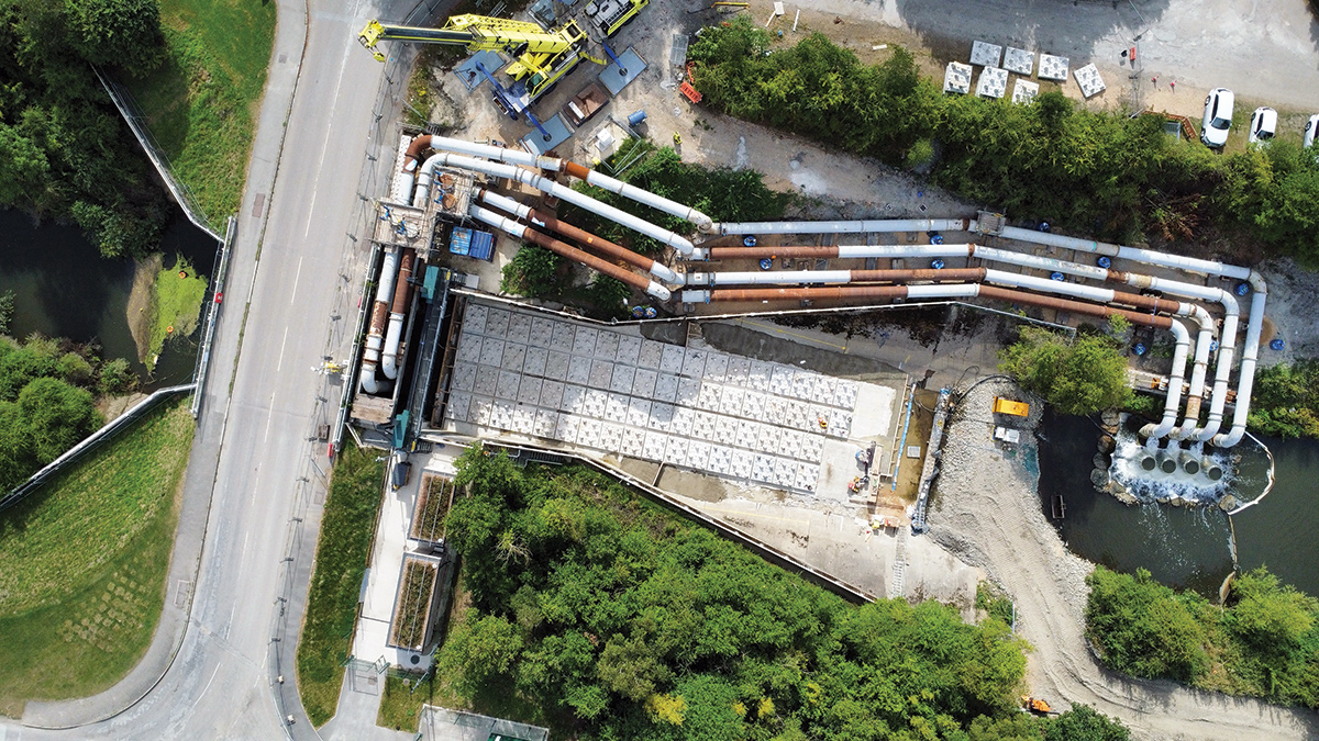 Aerial photo showing the complex syphon system by Vanderkamp UK to allow for the construction of the Meadowgate fish pass using 4-tonne precast concrete ‘fish tiles’ from Craven Concrete Ltd - Courtesy of JBA-Bentley