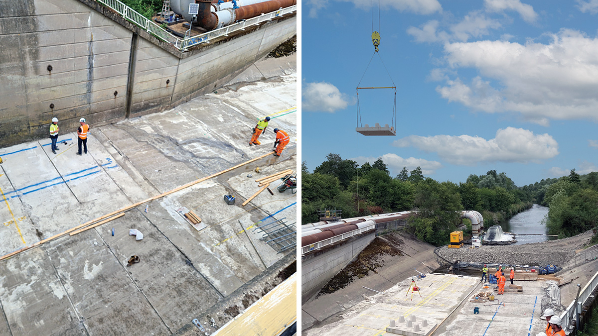 (left) The dewatered channel and (right) ‘fish tile’ installation - Courtesy of JBA-Bentley