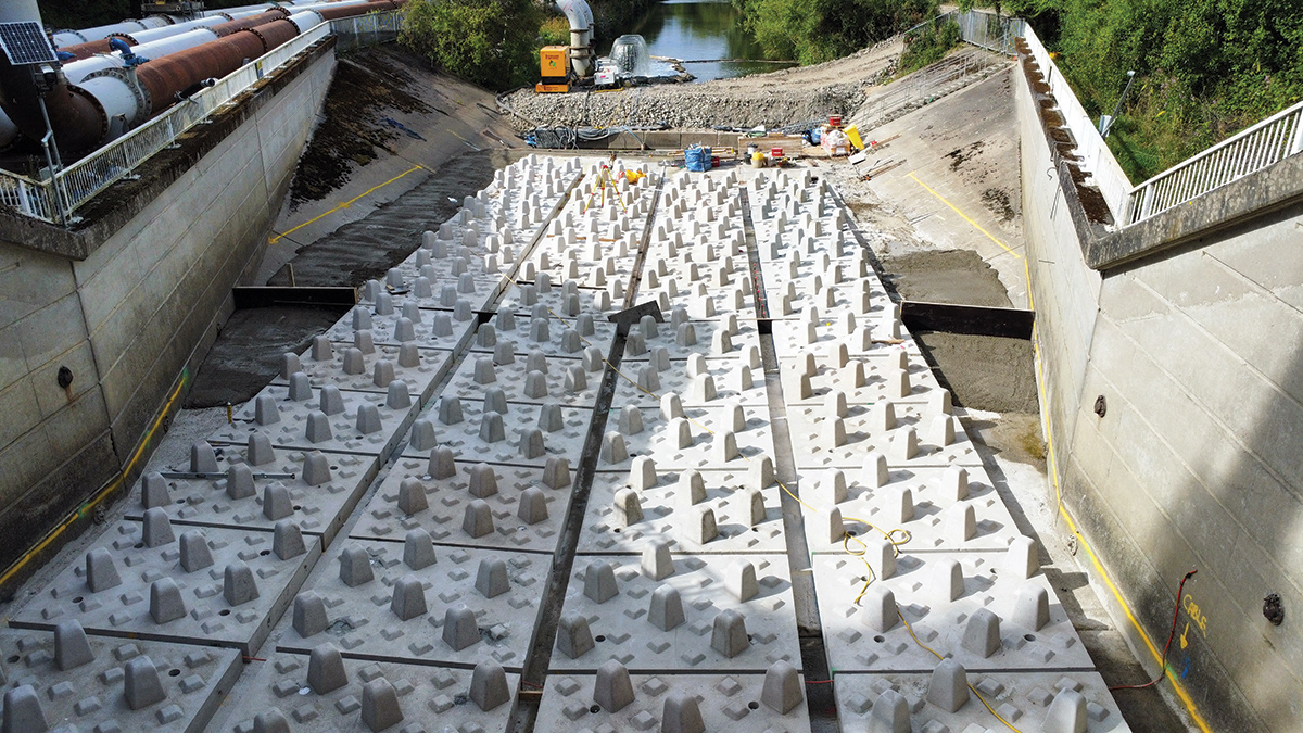 Precast concrete ‘fish tiles’ from Craven Concrete Ltd positioned in the channel - Courtesy of JBA-Bentley