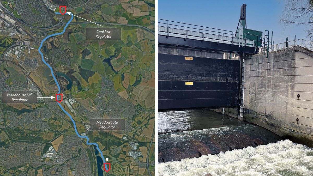 (left) location of the regulator gates and (right) the new Meadowgate top-down vertical control gate Courtesy of JBA-Bentley