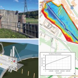 (top left) the existing Canklow regulator gate (bottom left) 3D model of the new Canklow Regulator and (right) bathymetry of Woodhouse Mill Washland - Courtesy of JBA-Bentley