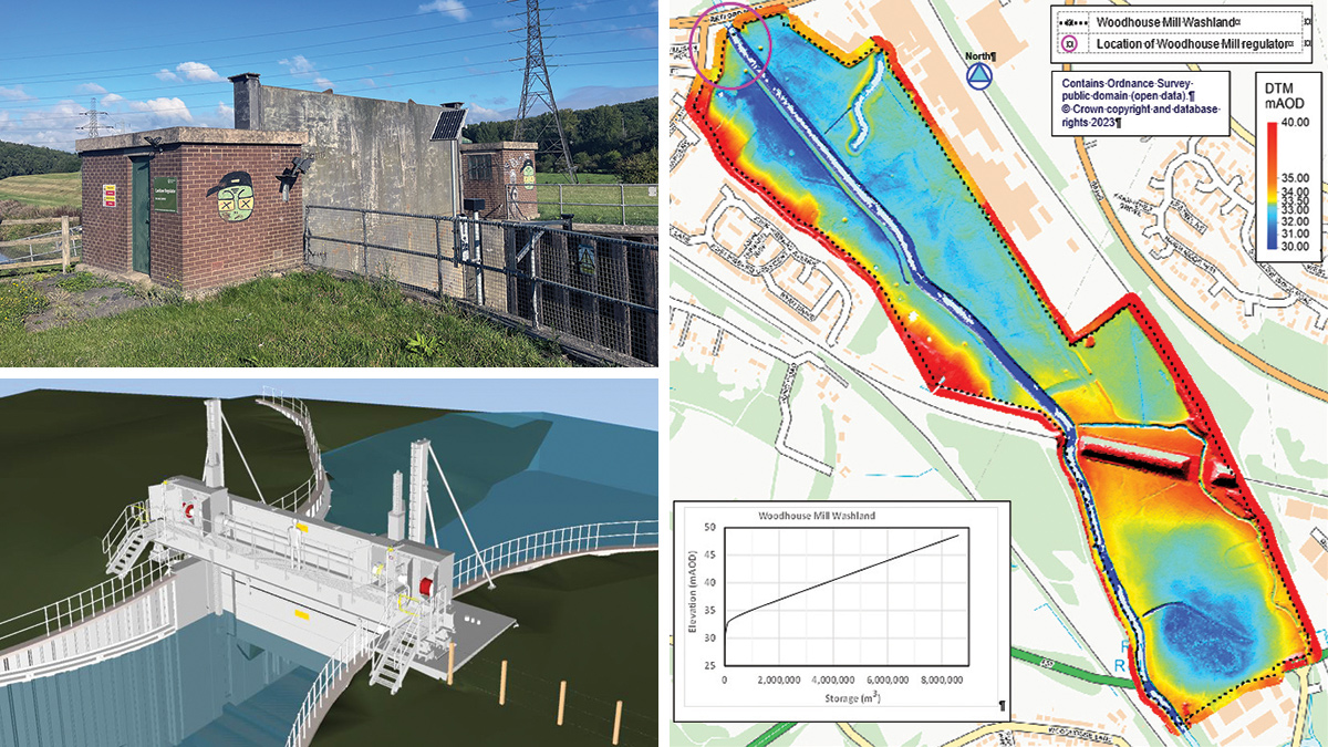 (top left) the existing Canklow regulator gate (bottom left) 3D model of the new Canklow Regulator and (right) bathymetry of Woodhouse Mill Washland - Courtesy of JBA-Bentley