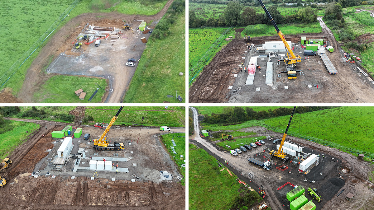 (top left) Installation of precast concrete troughs and concrete slabs, (bottom left & top right) installation of BESS cubes, (bottom right) installation of the transformers - Courtesy of GRAHAM Construction