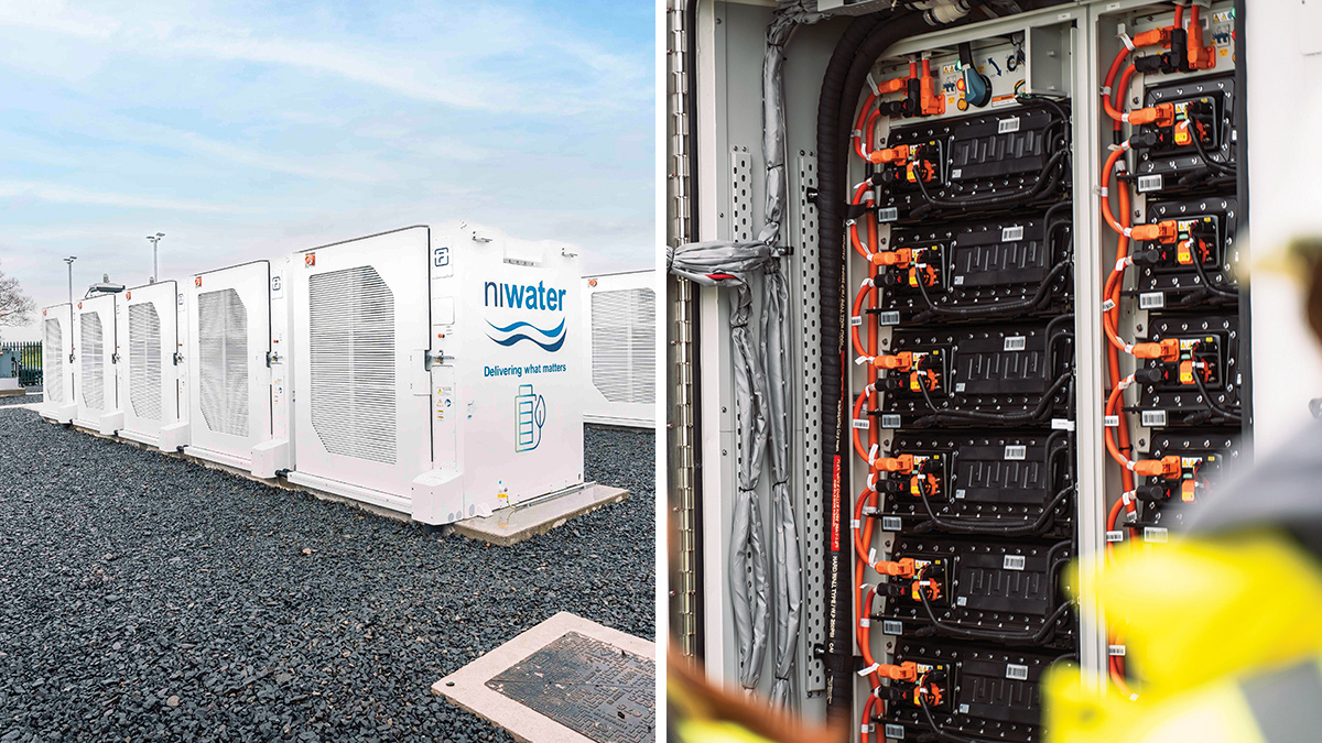 (left) BESS cubes and (right) inside of BESS cubes and gridstack layout - Courtesy of NI Water and GRAHAM Construction