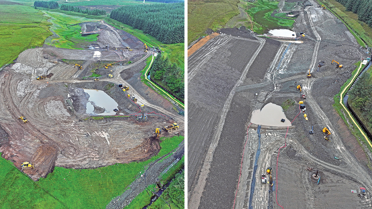 (left) Dunside Reservoirs during construction July 2023, and (right) after breach - Courtesy of George Leslie Ltd