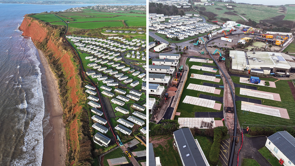 (left) Pipe string along coastal path and (right) Pushing pipe lower car park and compound - Courtesy of South West Water