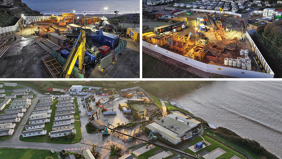 (top left) 500t drill rig compound and entry point and (bottom) pipe pushing operation at sunrise - Courtesy of South West Water