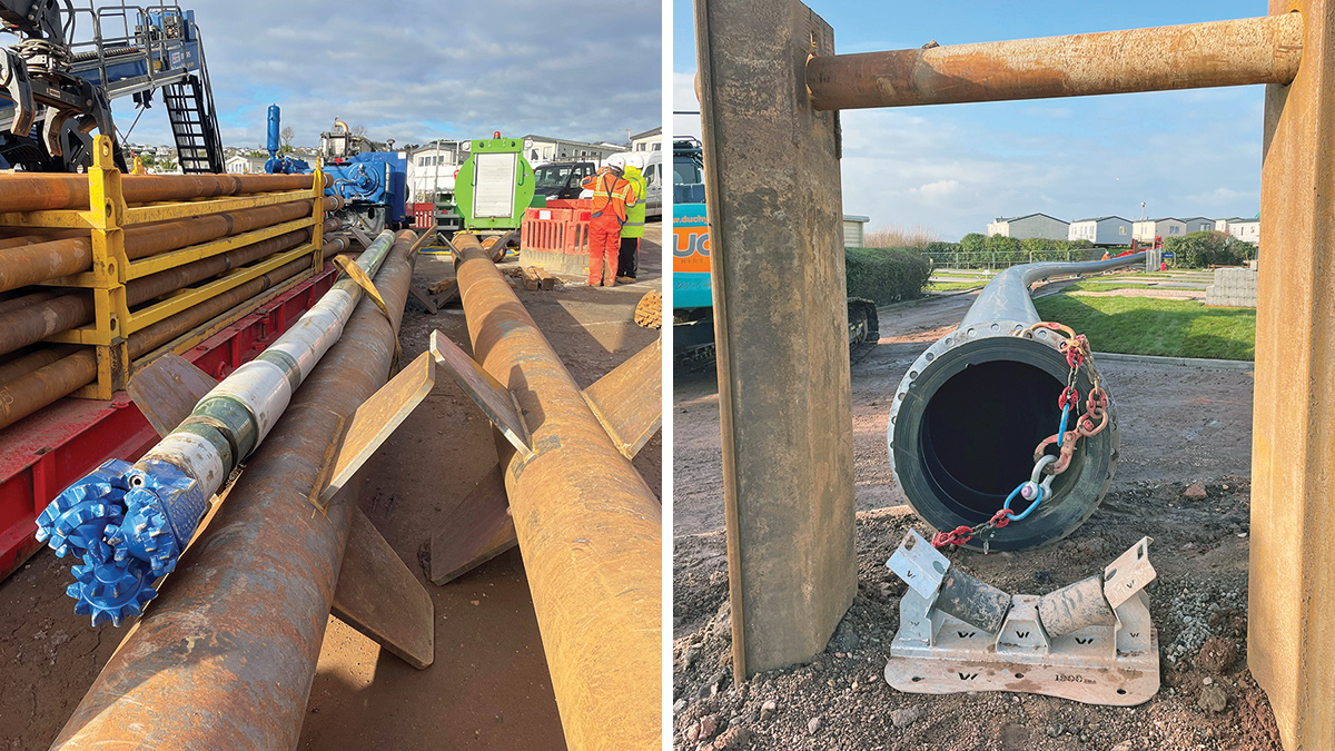 (left) Drill pipe and pilot drill bit and (right) outfall pipe, roller and guide - Courtesy of Galliford Try