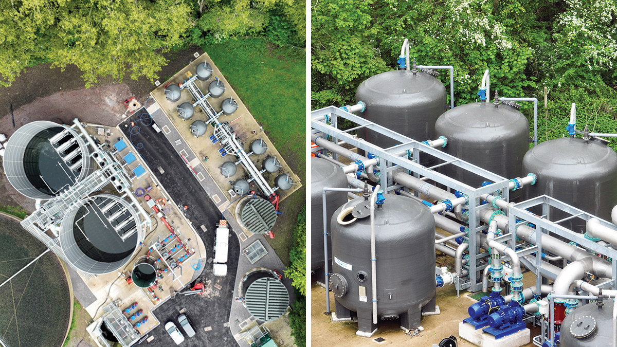 (left) FilterClear plant at Yeovil Pen Mill WRC next to a trickling filter and tertiary MBBR plant at Yeovil WRC and (right) Skid design at Yeovil Pen Mill WRC for easy access and maintenance - Courtesy of Bluewater Bio