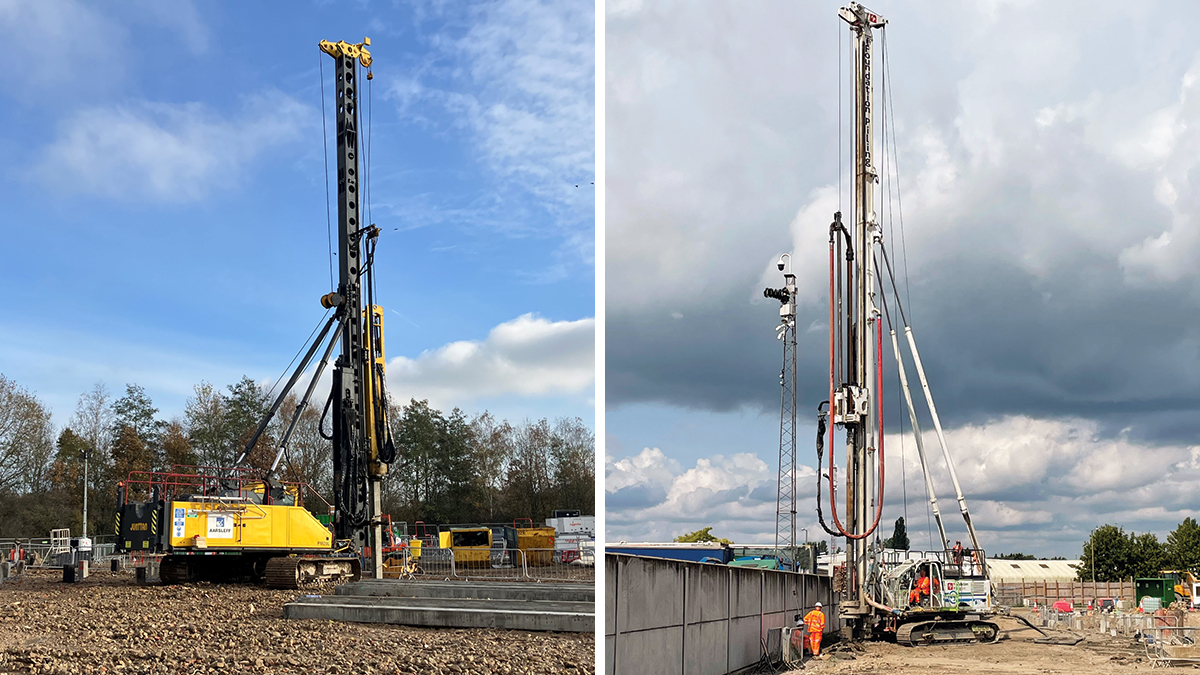 (left) Driving precast concrete piles and (right) vertical rigid inclusion installation - Courtesy of Bam Nuttall Ltd