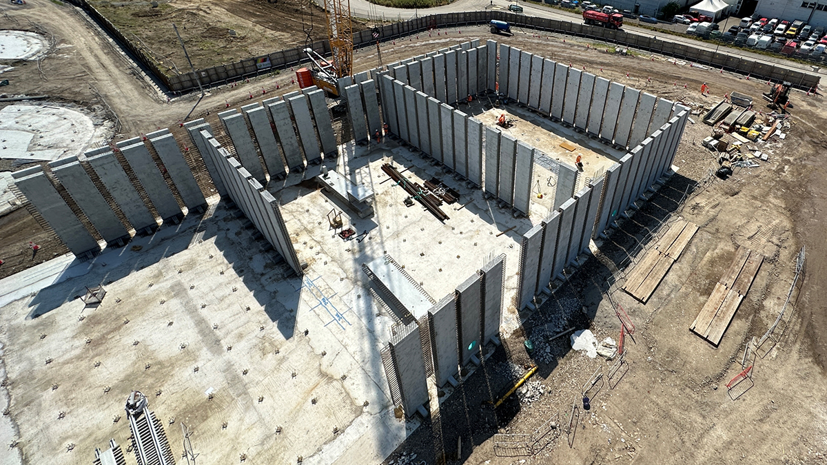 Activated sludge plant precast walls erected, prior to pouring base slab and concrete stitches - Courtesy of Bam Nuttall Ltd