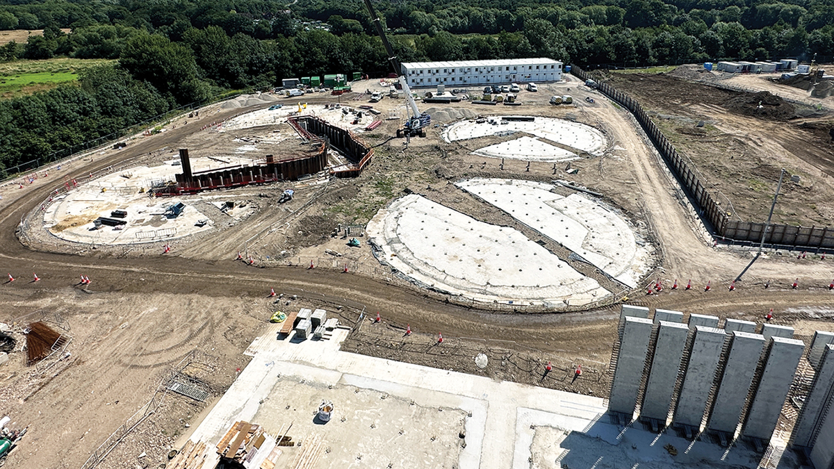 Piles and blinding concrete for the four final settlement tanks and (left) temporary ground support for pipelaying into the centre of the tanks - Courtesy of Bam Nuttall Ltd