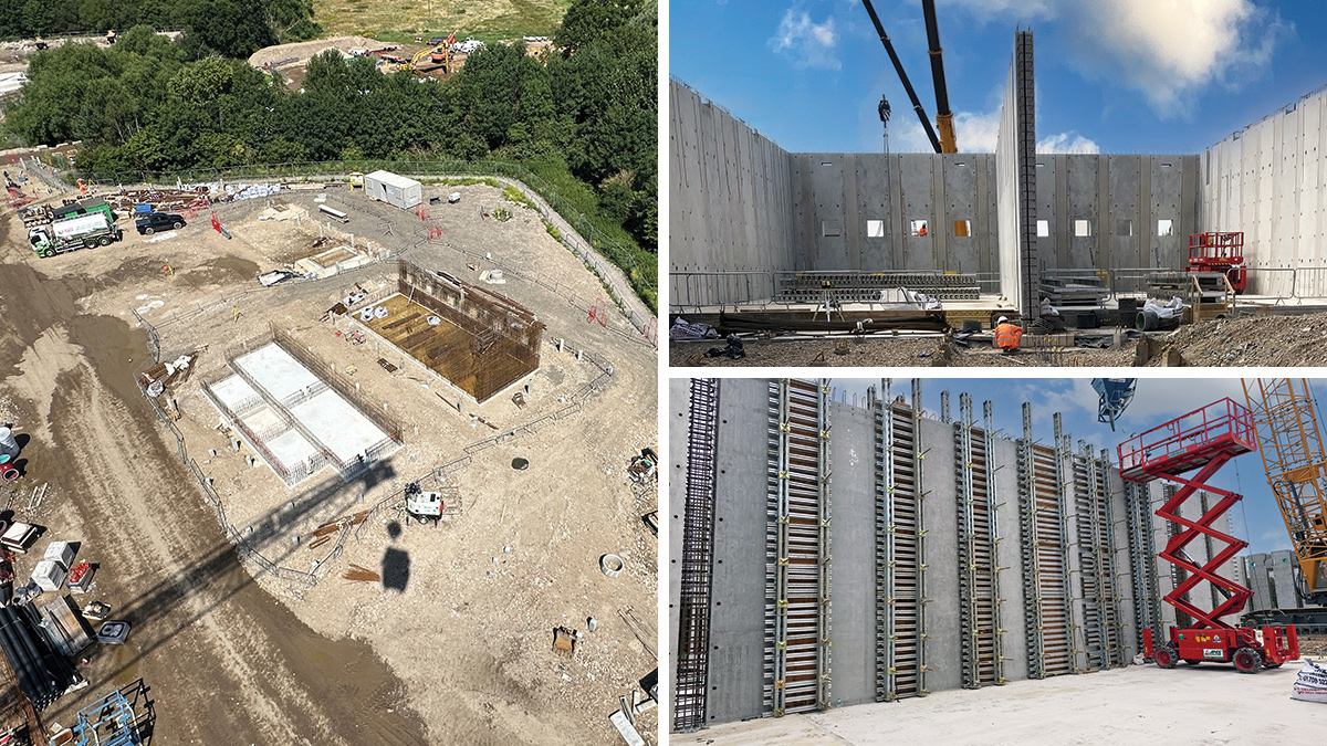 (left) Concrete bases for the tertiary treatment plant, (top right) cross-sectional view through the primary settlement tank, showing the piles and gas dispersal layer beneath the base, and (bottom right) precast wall panels are joined with an in situ concrete stitch - Courtesy of Bam Nuttall Ltd