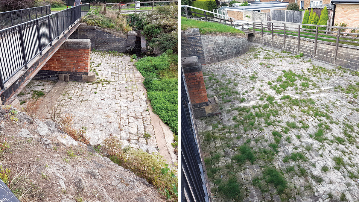 (left) Original primary spillway prior to decommissioning. New heritage-approved brickwork will be used to match existing red and blue imperial brickwork of bridge abutments and central support pier and (right) the original downstream masonry apron of the primary spillway. The apron is being retained to allow for seepage through the new rear wall, embankment and garden drainage. Improved access for future maintenance will be added via a new galvanised steel footbridge and stairs to the rear of the apron - Courtesy of Kier