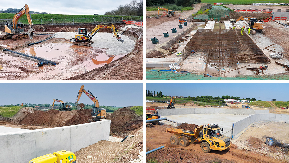 (top left) Underslab drainage with clean aggregate layer being installed prior to new spillway slab construction, (top right) : fixing of steel reinforcement within the spillway base beneath the position of the new labyrinth weir. Steelwork and concrete of this section of base slab is tied into a 1.4m deep concrete cut off/shear key tying into the bedrock below, (bottom left) breaching of the reservoir embankment commenced once downstream sections of the new spillway were in place and all necessary approvals were gained, and (bottom right) New spillway construction during embankment breach - Courtesy of Kier and Canal & River Trust