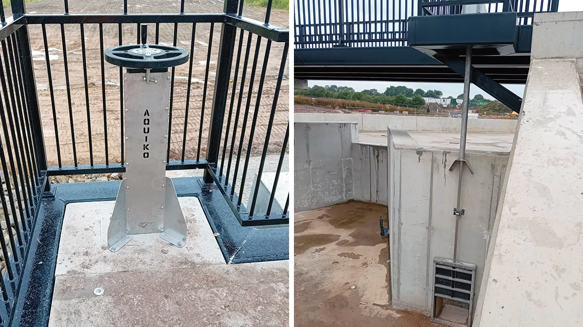 (left) Access and water control for the reservoir team to operate the penstocks within the new labyrinth weir. The wheel is lockable to prevent unauthorised use and (right) One of two control penstocks located within the labyrinth weir, viewed from upstream. Control headstock located above with access from the spillway footbridge - Courtesy of Kier