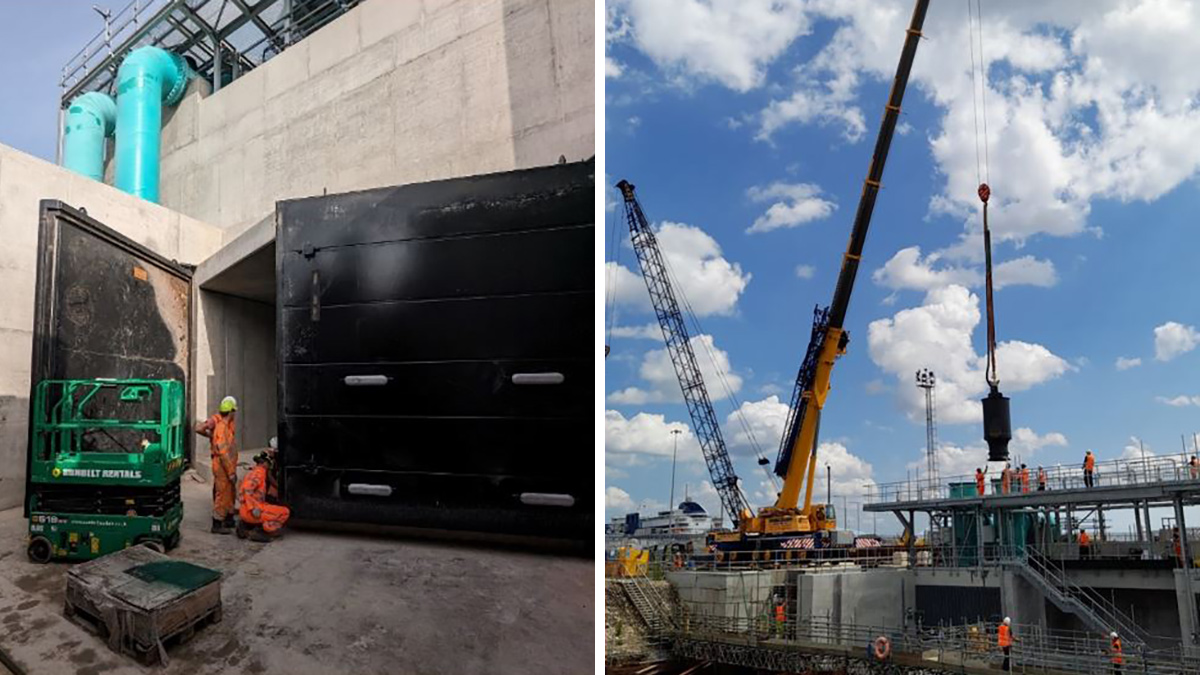 (left) Figure 4: Tidal pointing door installed across gravity channel and (right) Figure 5: Canister pump installation using 250T crane positioned on the access causeway (21/06/2023) - Courtesy of JBA-Bentley