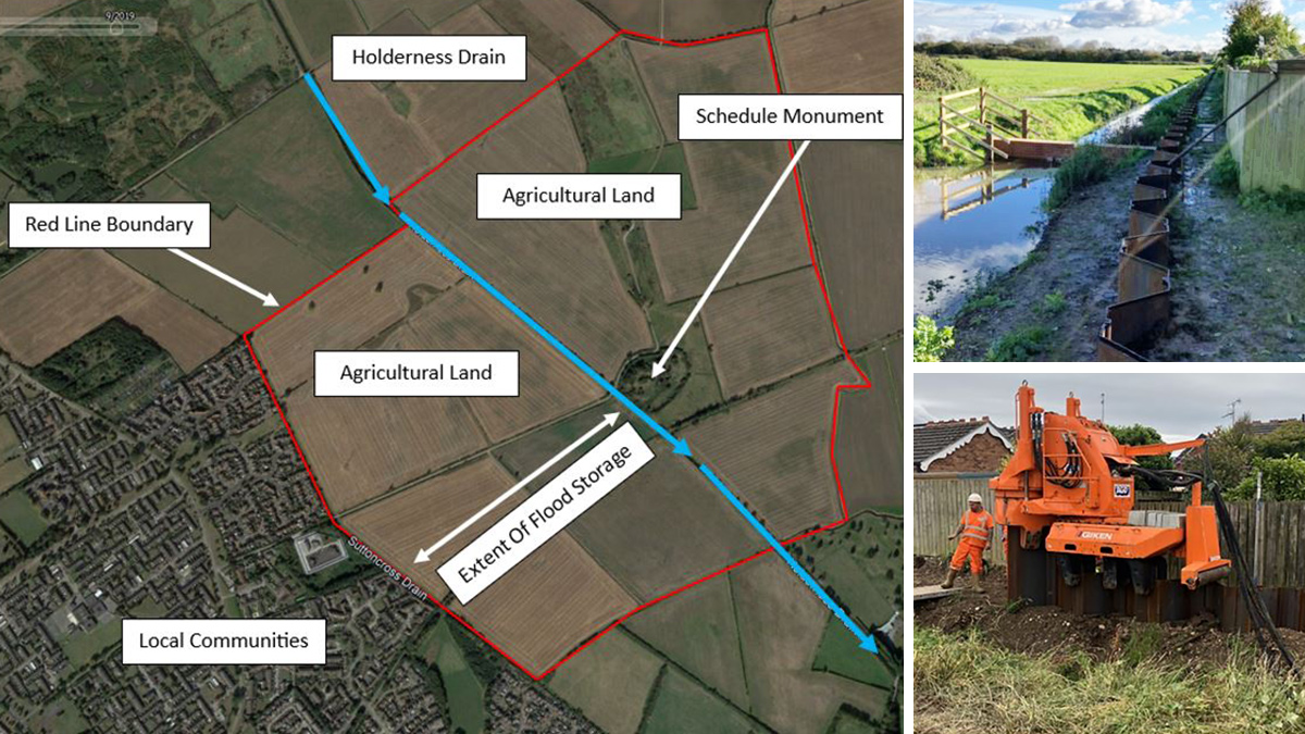 Figure 7: Overview of Castlehill Flood Storage Area 'Aquagreen' and (right) Sutton Cross Drain and East Carr Drain sheet piling works - Courtesy of JBA-Bentley