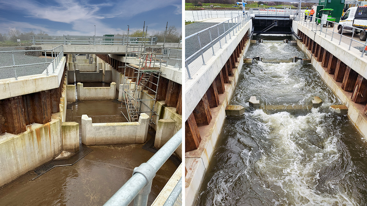 (left) Completed fish pass looking towards the intake structure and (right) fish pass in operation showing control radial gate - Courtesy of Jackson Civil Engineering Ltd