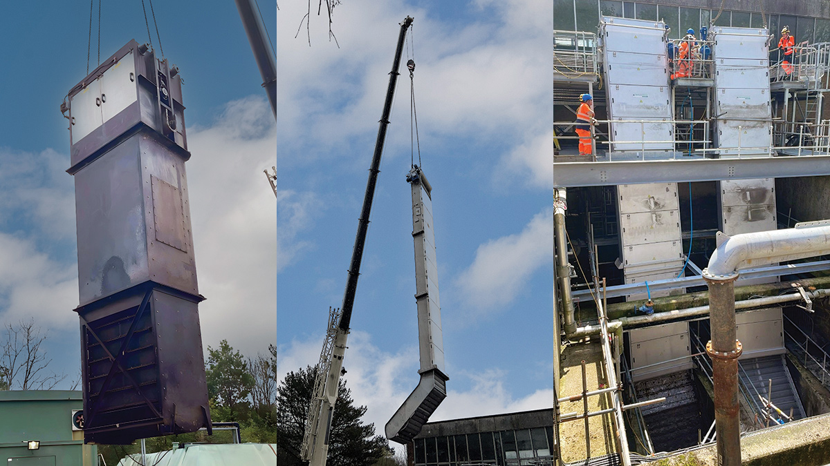 (left) One of the two existing inlet screens being removed, (middle) one of the new 12.8m long Alpha Beta Escalator Screens being lifted carefully into place, and (right) the new inlet screens installed - Courtesy of CMDP JV