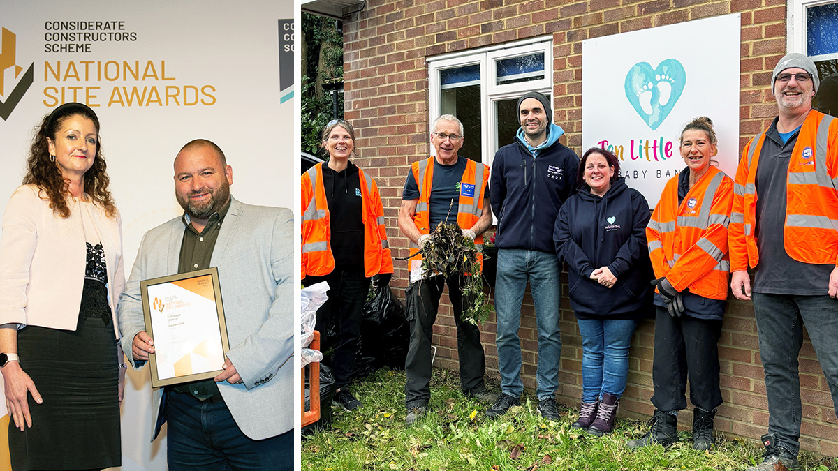 (left) Garry Burgess, CMDP Construction Manager, receiving the award for the efforts of the Horsham New WwTW team and (right) CMDP JV and Southern Water staff pictured volunteering to support local charity, Ten Little Toes - Courtesy of CMDP JV