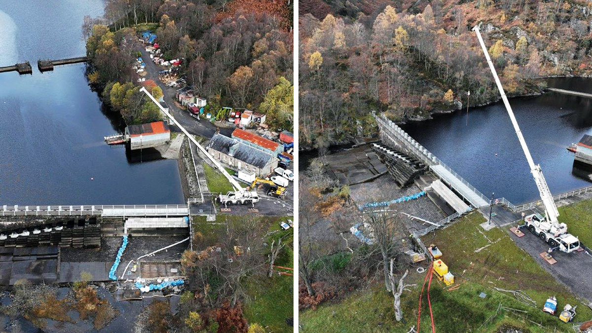 Katrine Dam: (left) looking north prior to concrete pour and (right) looking west- Courtesy of Whitehouse Studios