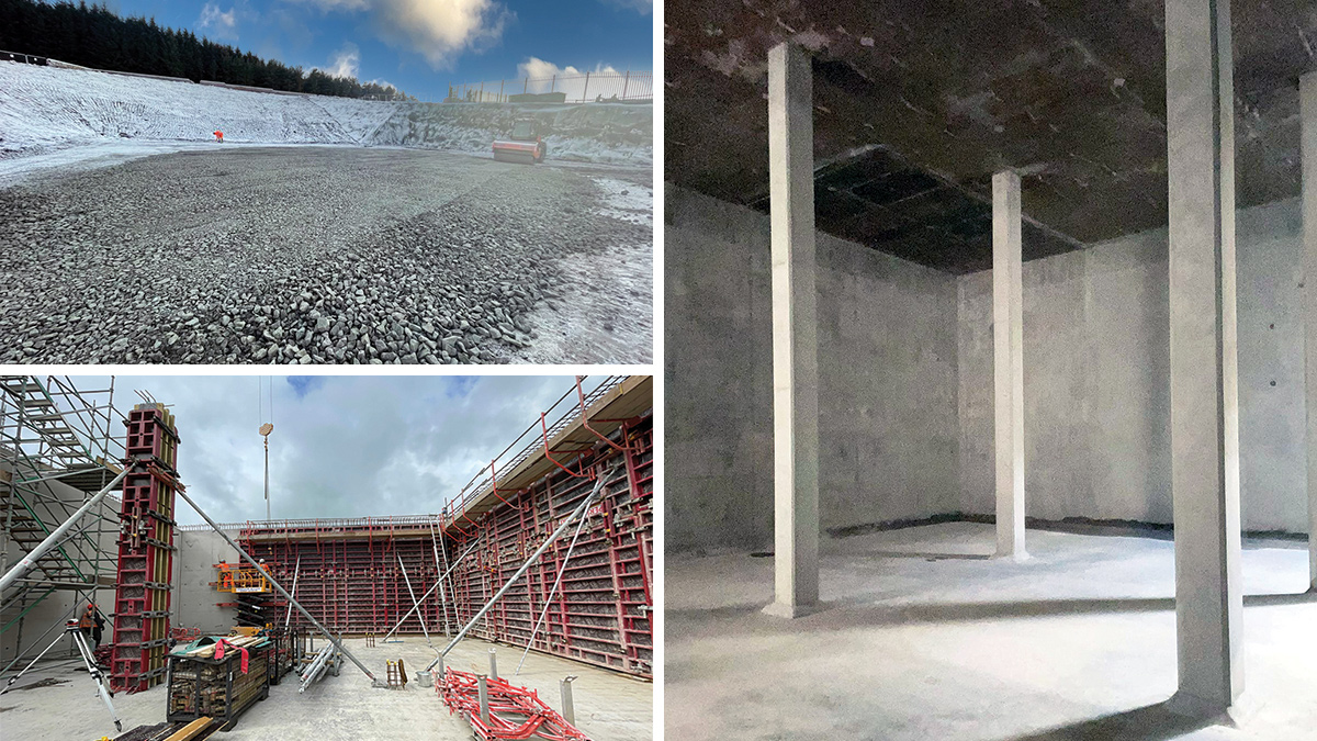 (top left) Groundworks nearing completion, (bottom left) tank construction underway, and (right) view of tank interior - Courtesy of ESD JV