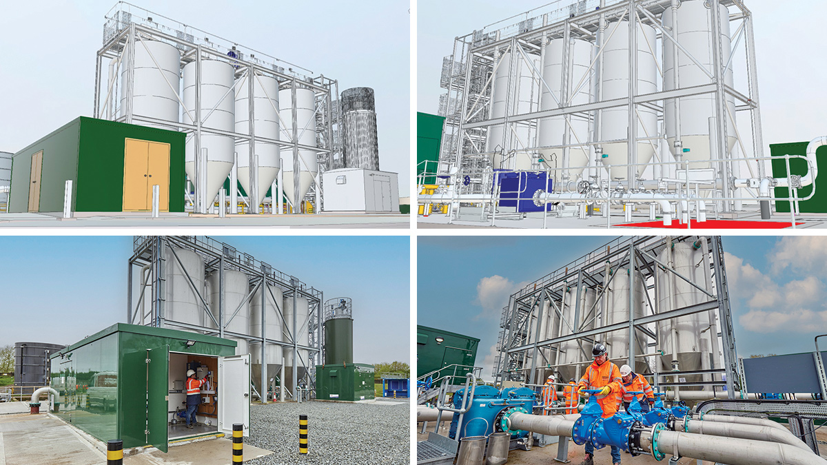 (top left) Federated 3D model capture of sampling kiosk with tertiary filters - Courtesy of Arcadis, (bottom left) as built sampling kiosk with tertiary filters - Courtesy of Morgan Sindall Infrastructure, (top right) Federated 3D model capture of lift pumping station with tertiary filters - Courtesy of Arcadis, and (bottom right) As built tertiary filter lift pumping station pipework with duplex filter and tertiary filters - Courtesy of Morgan Sindall Infrastructure