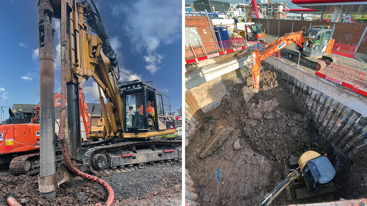 (left) CFA cased auger secant piling cofferdam installation and (right) excavation of storm tank exposing secant piles - Courtesy of Dawson WAM