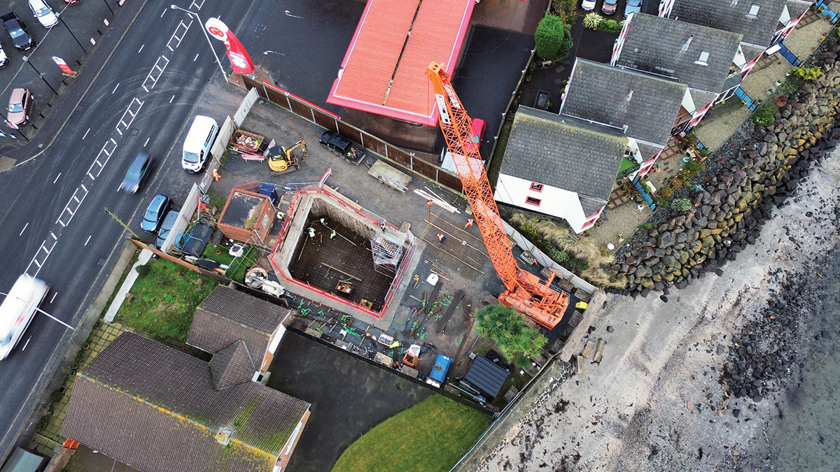 Aerial view of site during storm tank reinforced concrete base slab construction - Courtesy of Dawson WAM